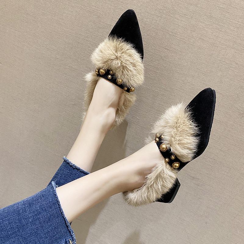 Mode Winter Neu Damen Spitzzehen Nieten Dicke Absätze Loafer Retro Stil Warm Lässig Slipper Klobige Schuhe Damenschuhe Damenstiefel