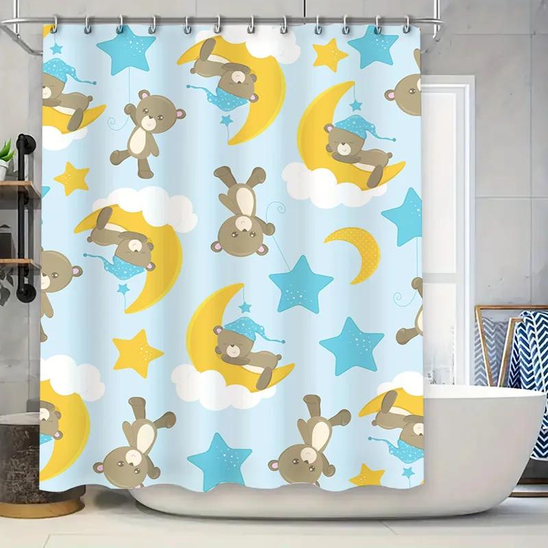 

Blue Dream Kids Shower Curtain Set Teddy Bears Sleep on Clouds Stars with Moon Design for Bathroom Decor in Pastel Colors 90x180cm