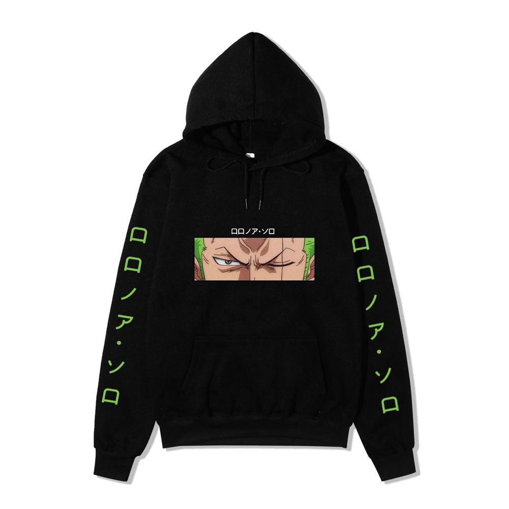 One Piece Roronoa Zoro Hoodie, Double Side Sleeve Japanese Text Printed Pullover Hooded Sweatshirt Anime Long Sleeve Streetwear Hoodie