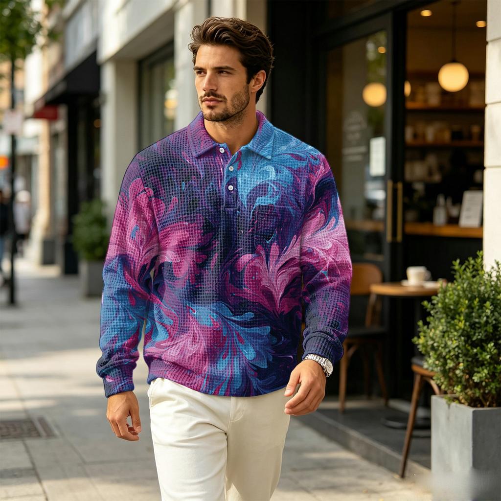 Men's Fall Casual Knit Pullover, Long Sleeve Collared Top with Pocket, Printed Outdoor Wear