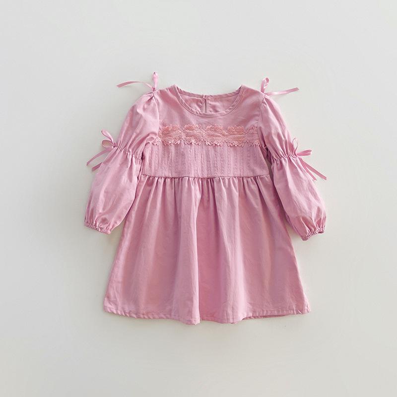 Spring Girls Princess Dress Long Sleeve Round Neck Lace Bow Puff Sleeve Cute Kids Party Dress Fashionable Children Clothing
