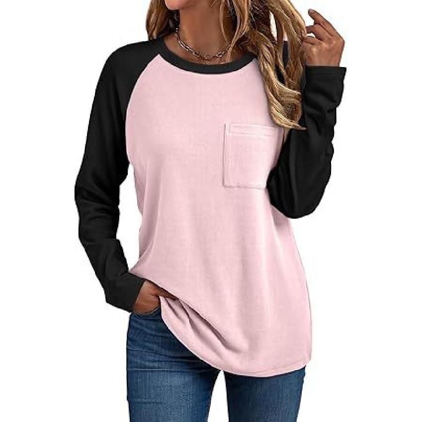 2026 Simple Round Neck Long Sleeve Patchwork T-Shirt Fashionable Pocket Casual Breathable Top