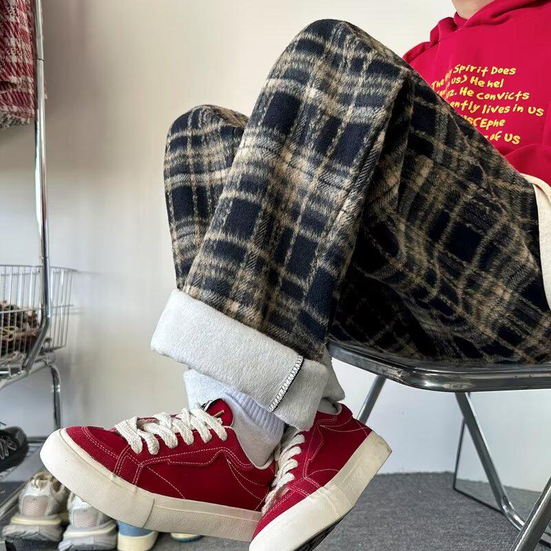 2024 Autumn/Winter Men's Trendy Plaid Woolen Loose Straight Trousers