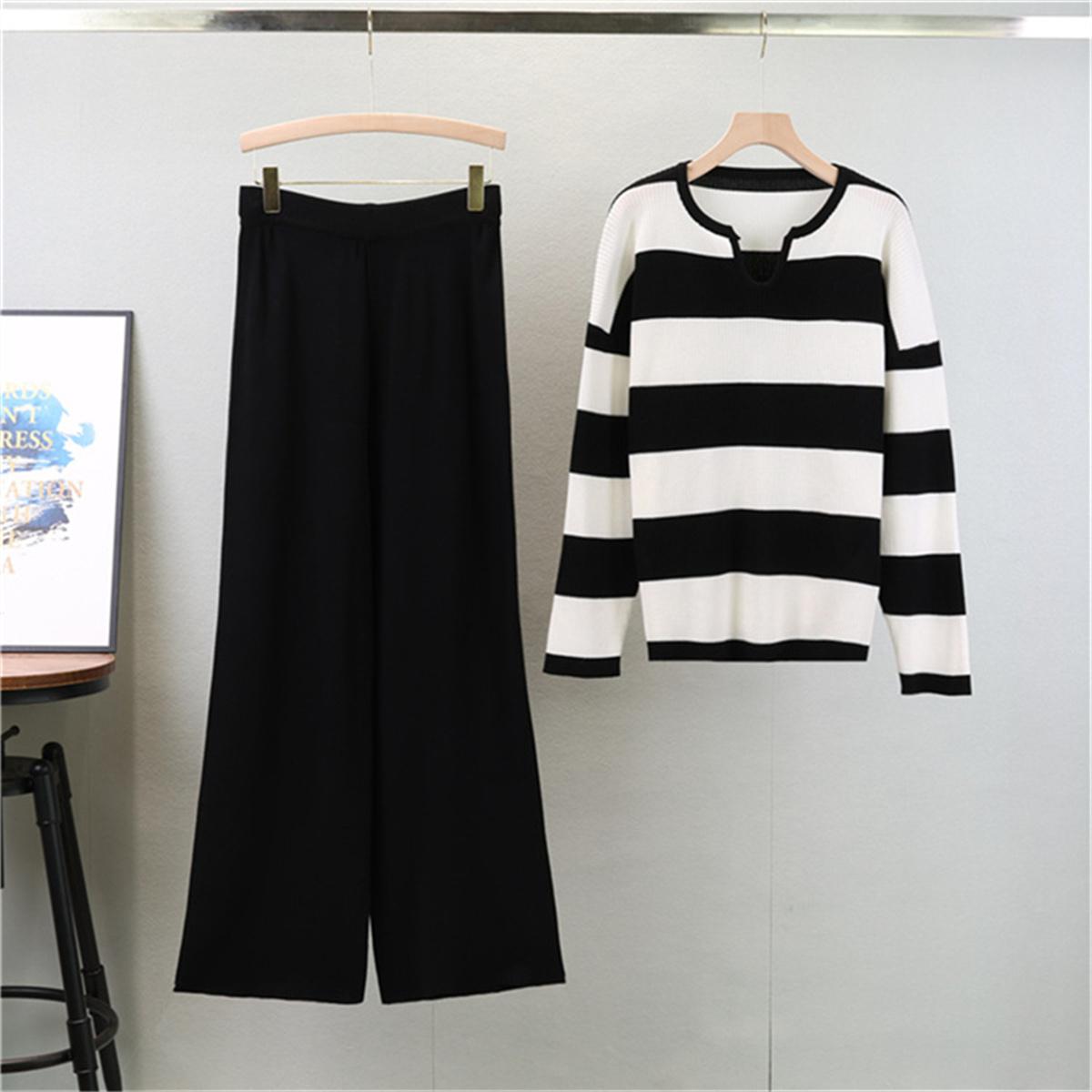 

Модный костюм женский осенний новый полосатый вязаный топ брюки широкие штанины повседневный спортивный комплект из двух предметов трендовый OneSize чёрный
