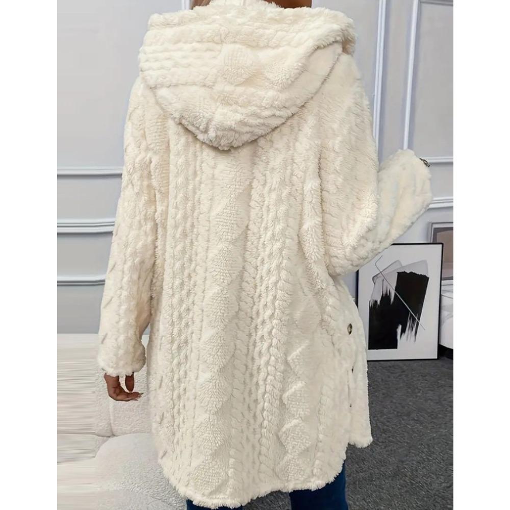 Women Hooded Fleece Mid Length Coat Open Front Button Decor Warm Casual Winter Outerwear