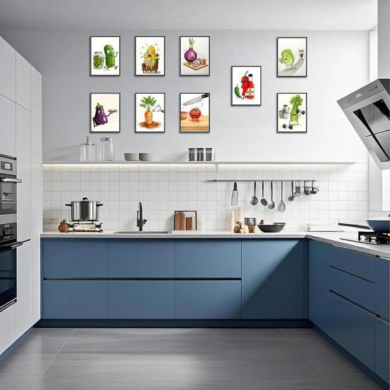 9Pcs Funny Weird Kitchen Wall Art Cute Cool Colorful Food Vegetable Painting Picture Wall Decor Whimsical Pickle Eclectic Food Art Poster Print