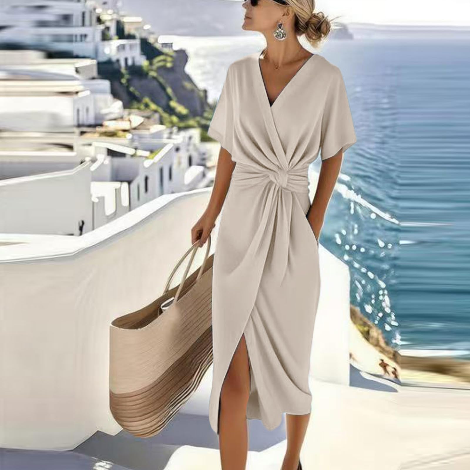 

Женское повседневное и стильное приталенное платье с коротким рукавом и завязками спереди L бежевый