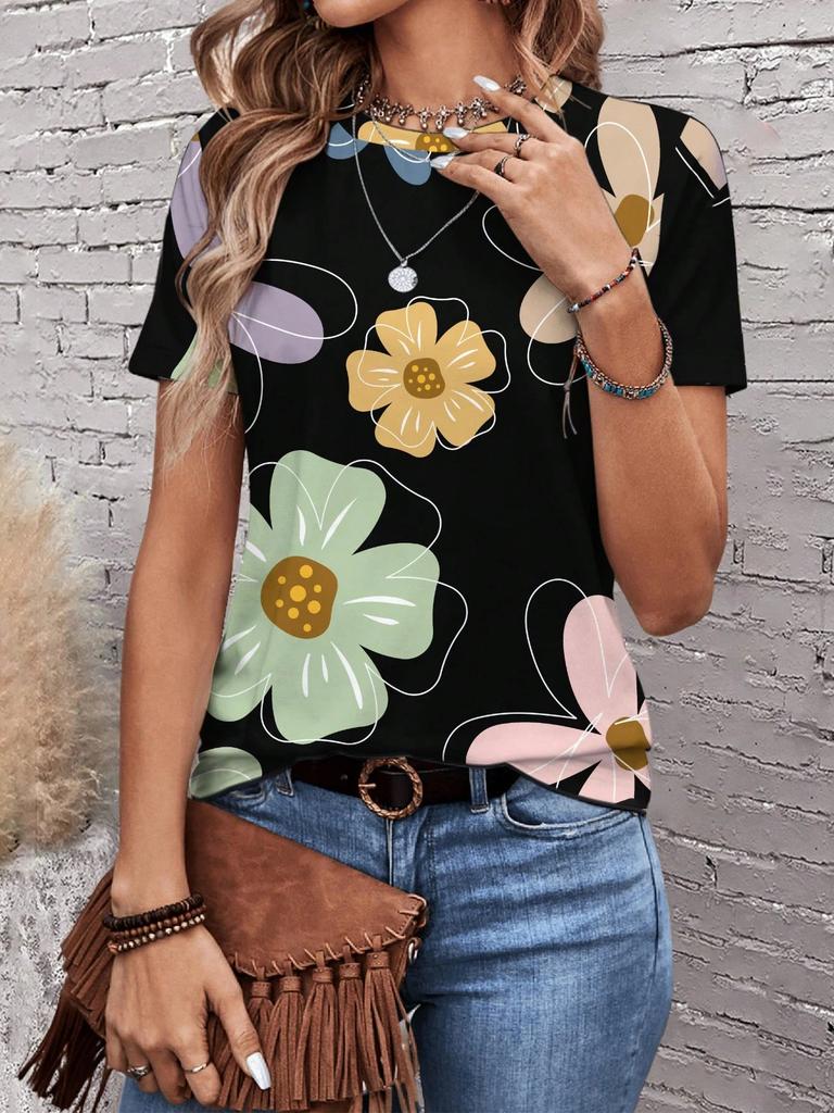 Sunflower Color Flower 3D Printing Women's T-shirt Casual Round Neck Short-sleeved Top Harajuku Y2k Tee Women's Clothing