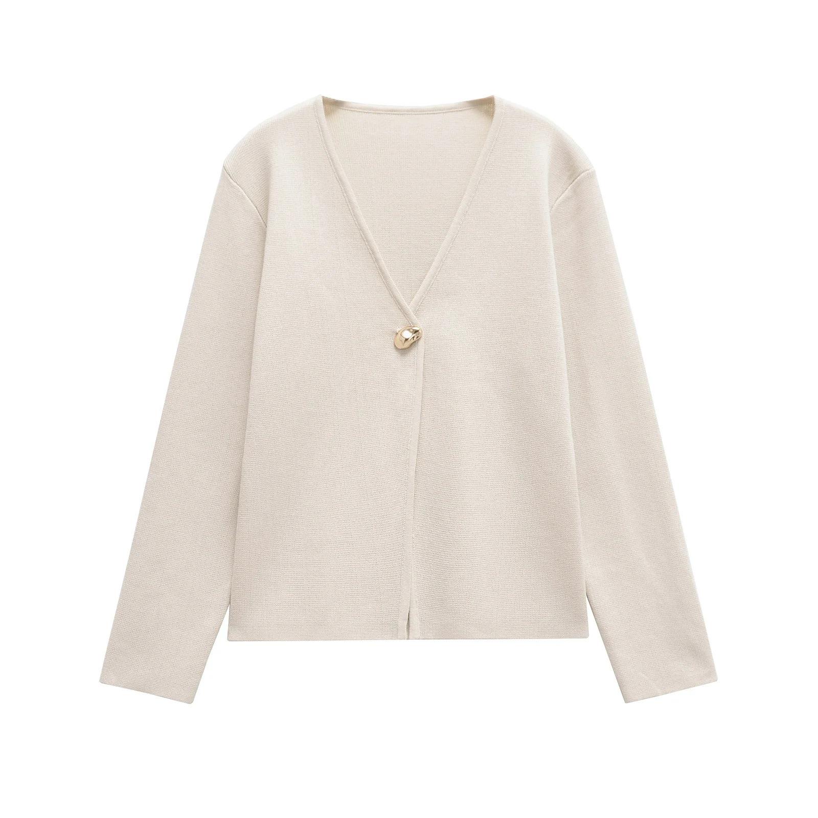 

European and American Fashion Round Neck Simple Knit Cardigan Medium абрикосовий
