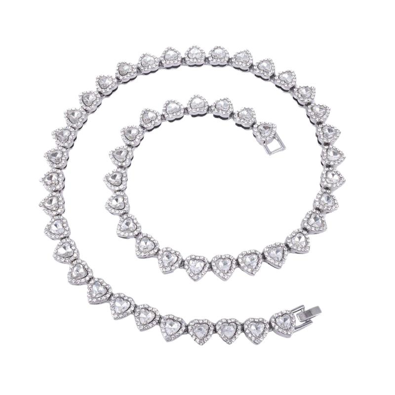 45CM New Hip Hop Tennis Chain Bracelet Necklace Shiny Heart Rhinestone CZ Fashion Rock Party Jewelry