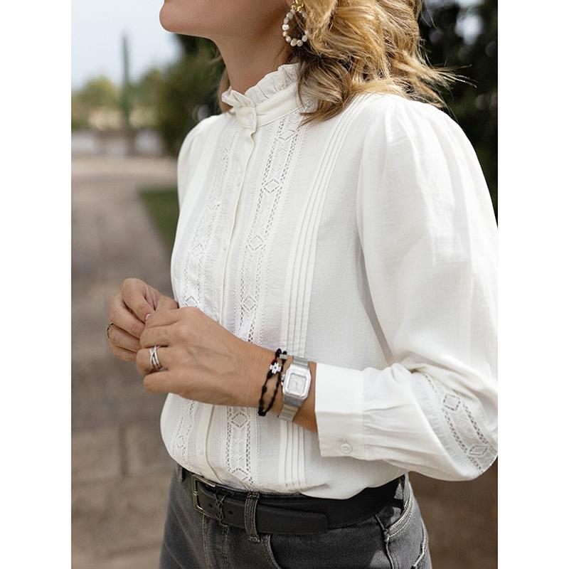 Spring Autumn New Elegant Artistic Style Lace Splicing Stand Up Collar Long Sleeve White Shirt For Women Blusas Femininas