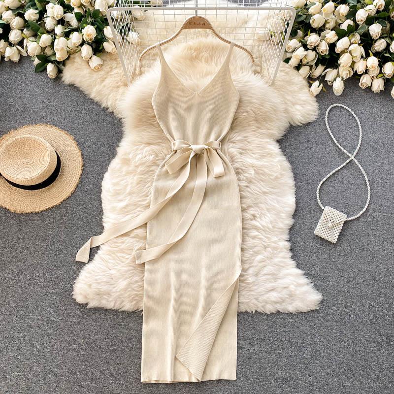 

New Summer Goddess Temperament V-neck Waist Hip Elastic Knitted Suspender Women Dress One Size