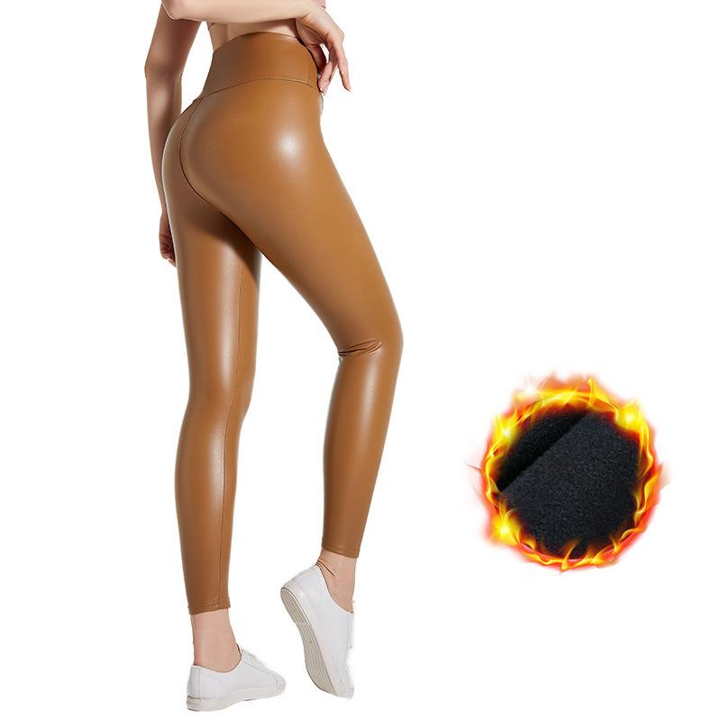 

Брюки с высокой талией из искусственной кожи PU с плюшевой подкладкой, эластичные тонкие сексуальные леггинсы, осенние и зимние леггинсы, женская спортивная одежда XXXL