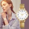 Women's waterproof and rainproof wristwatch with a round dial, large white dial, gold case, gold strap, and stainless steel quartz movement. A