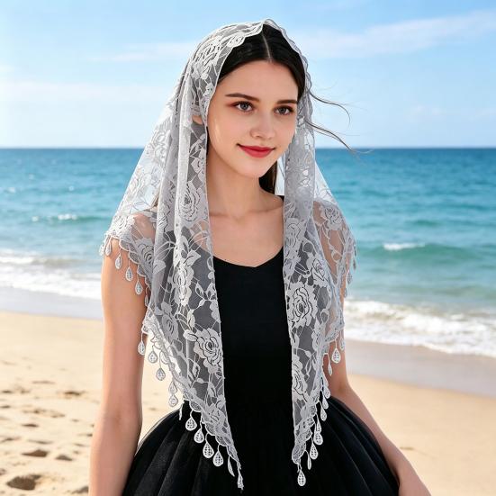 Fringed Lace Veil Shawl Tassel Style Veil Face-covering Headscarf Weddings Decoration Vintage