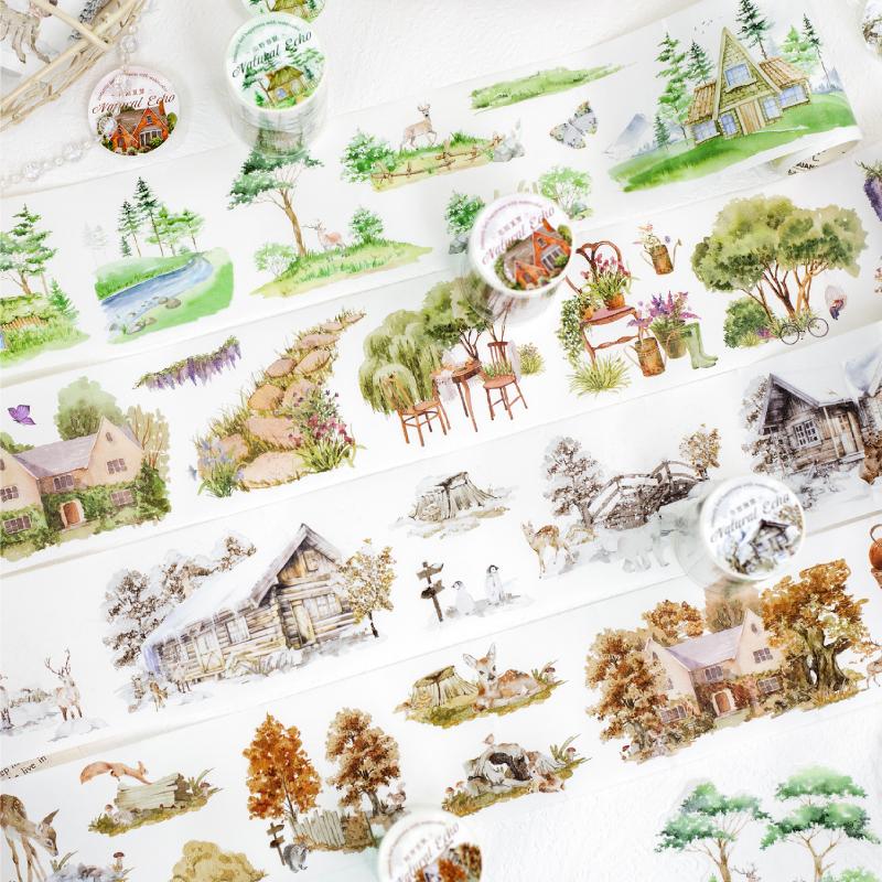 Journal GO 7x200cm Blockhütte Stanz-Washi-Tape-Sticker Ländliche Landschafts-Sticker für Journal Scrapbooking