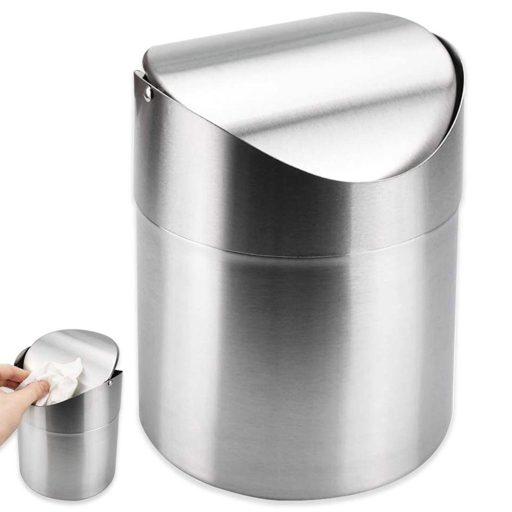 Dust-proof Mini Flip Trash Can Stainless Steel Creative Storage Bin Desktop Trash Can Makeup Brush