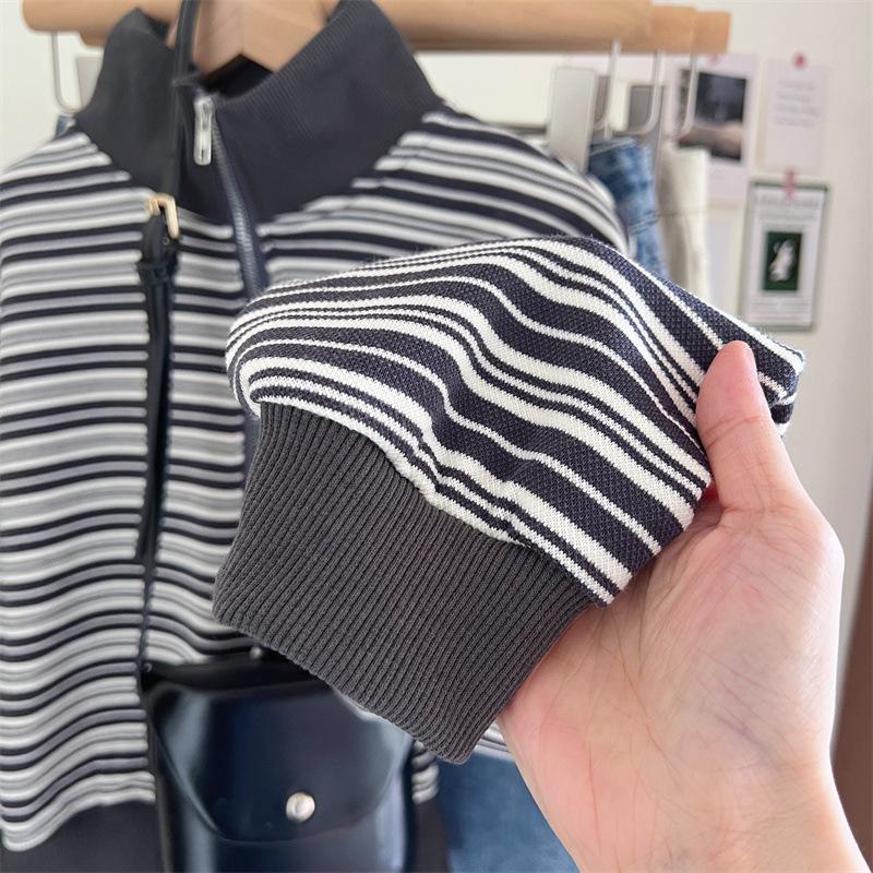 Women's Striped Half-Zip Cropped Hoodie - 2023 Autumn/Winter Long-Sleeve Loose Casual Top