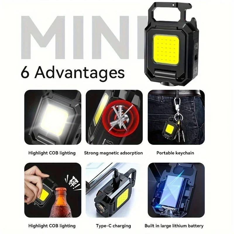 Small LED Flashlight Keychain Light USB Rechargeable Torch Work Light Multifunctional Portable COB 90 ° Rotation Camping Lantern