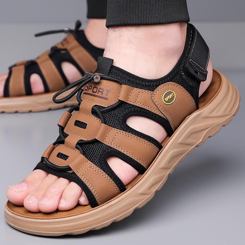 

Fashion Elastic Band Soft Leather Sandals for Men 2025 Summer New Designer Beach Shoes Male Solid Color Fashion Casual Sports Sandal Man 38