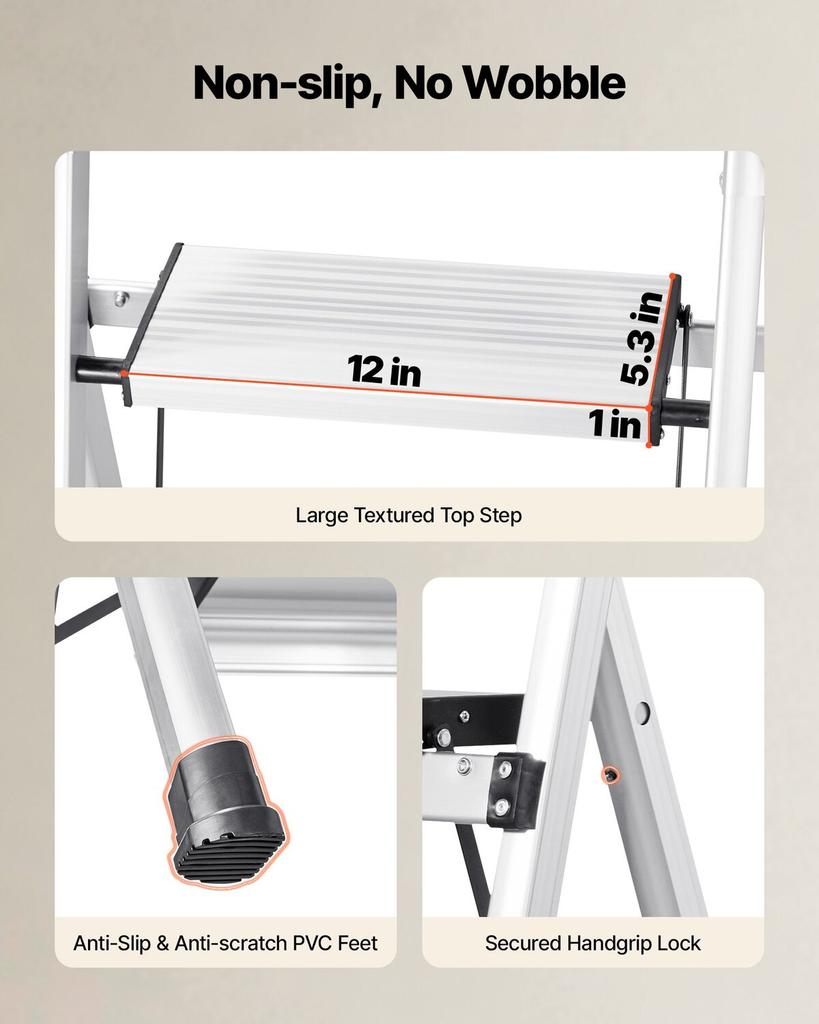 4 Step Ladder, Folding Step Stool with Wide Anti-Slip Pedal and Comfort Handgrip, 150 kg Capacity Portable Aluminum Stepladder, Multi-Use for Kitchen,