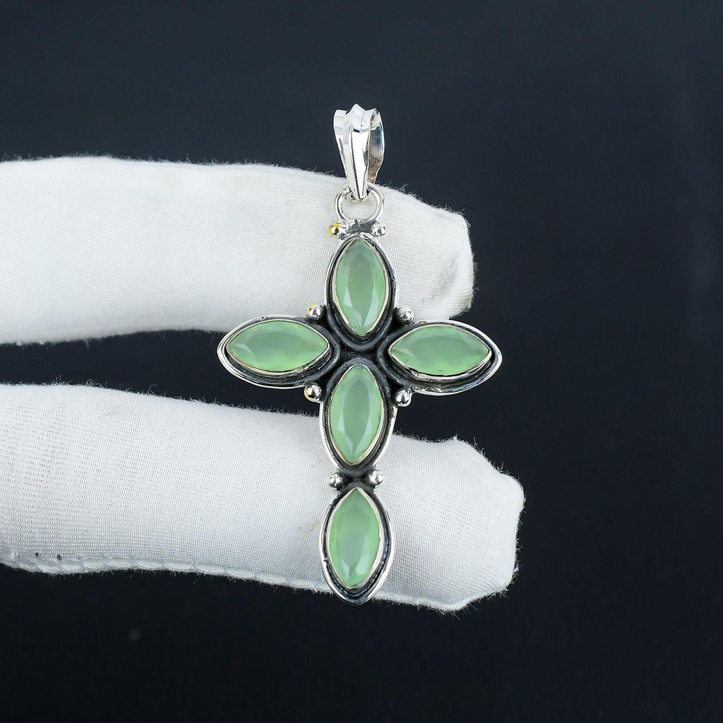 Natural Green Chalcedony Gemstone Silver Cross Pendant in 925 Sterling Silver- Handmade Design, Everyday Wear Jewelry, Unique Pendant Birthday Gift