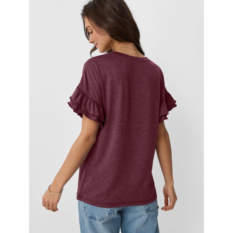 Spring and Summer New Solid Color Round Neck Ruffle Sleeve Short-sleeved T-shirt Top