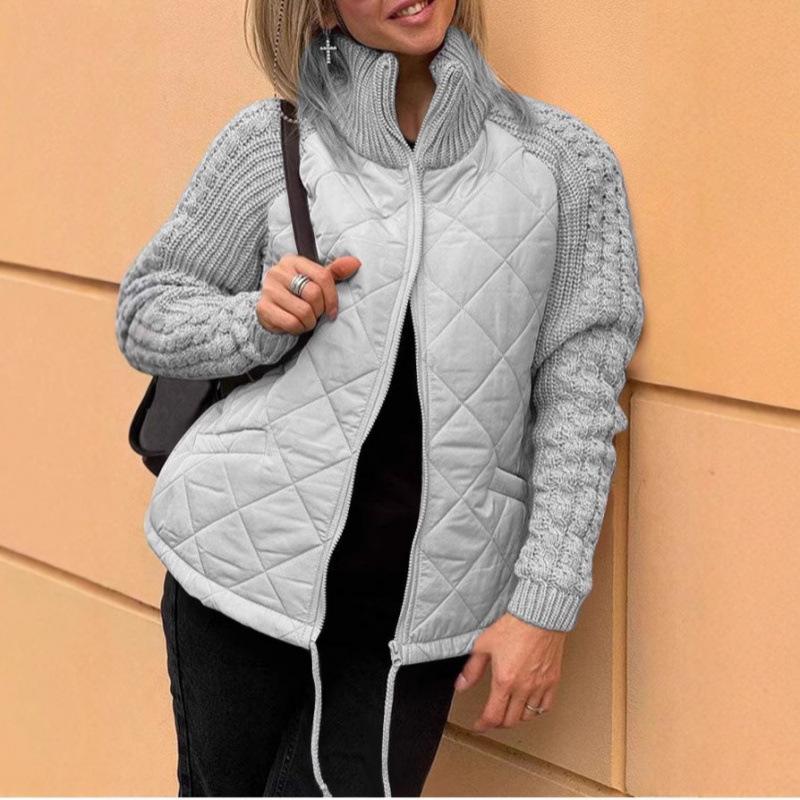 Autumn and Winter Women's Solid Color Knitted Patchwork Quilted Jacket Casual Lightweight Stand Collar Long Sleeve Zip Jackets Padded Outerwear Coats