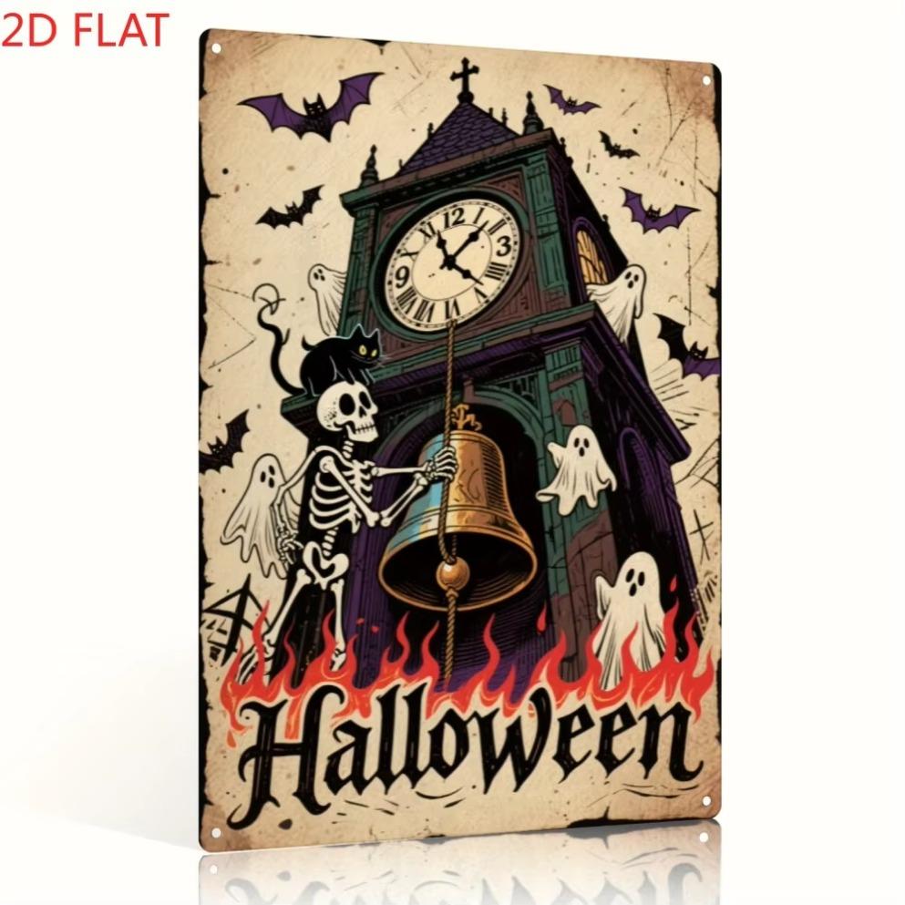 

1pc 2D Flat Vintage Gothic Halloween Metal Sign - Skeleton Haunted House Iron Decor, Perfect for Bar/Kitchen Holiday Gift 20x30cm