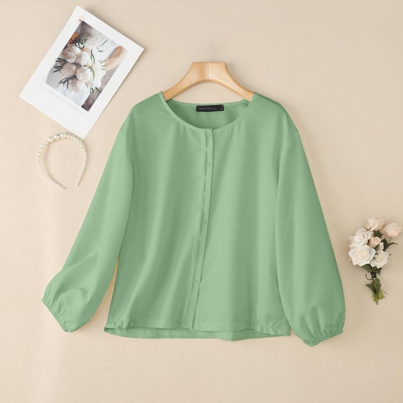 

ZANZEA Женская повседневная блузка с круглым вырезом, свободного кроя, с длинным рукавом, однотонная S светло-зеленый