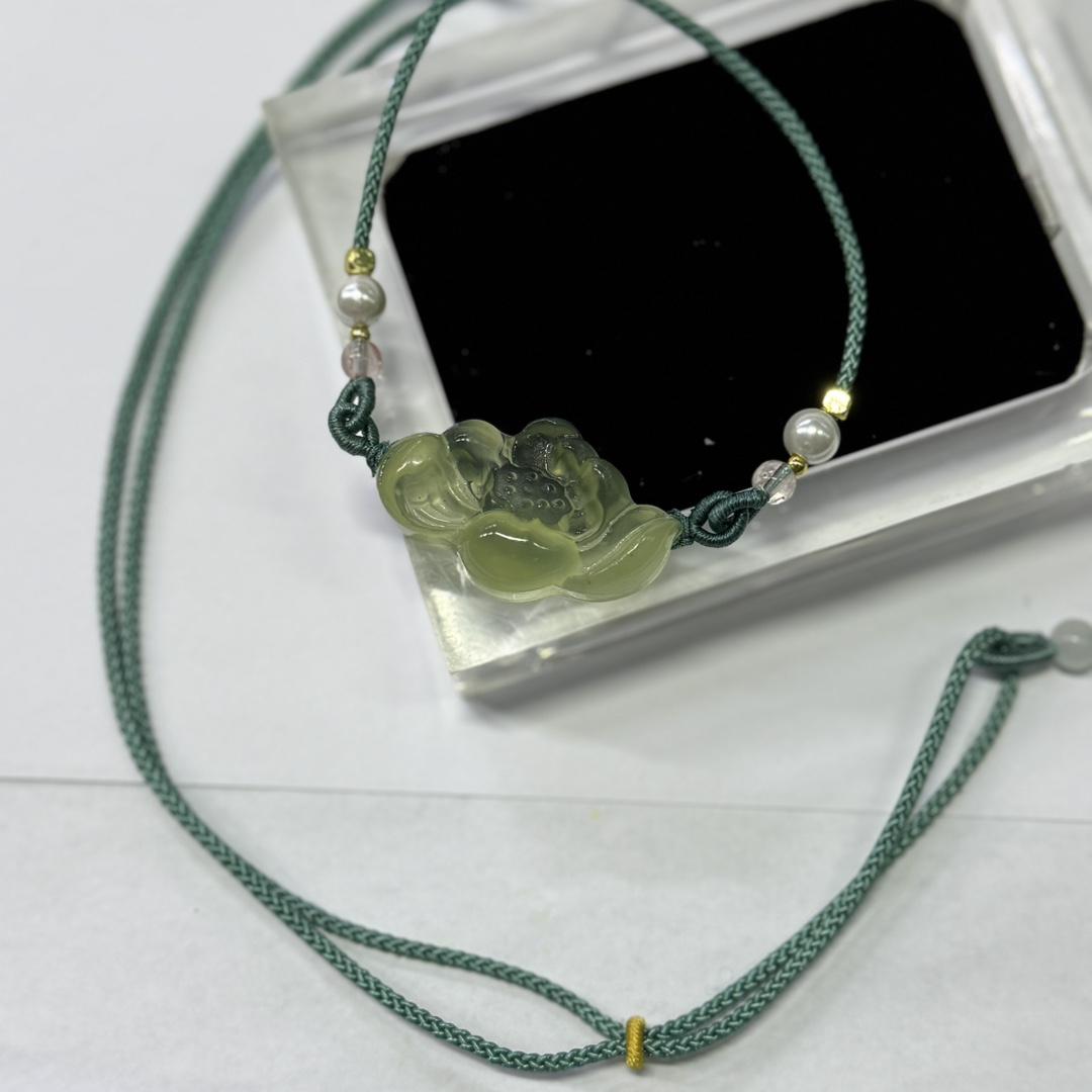 Hetian Jade Green Ice Lotus Pendant with Clavicle Chain - Chinese Style Hanfu Sweater Accessory Polished