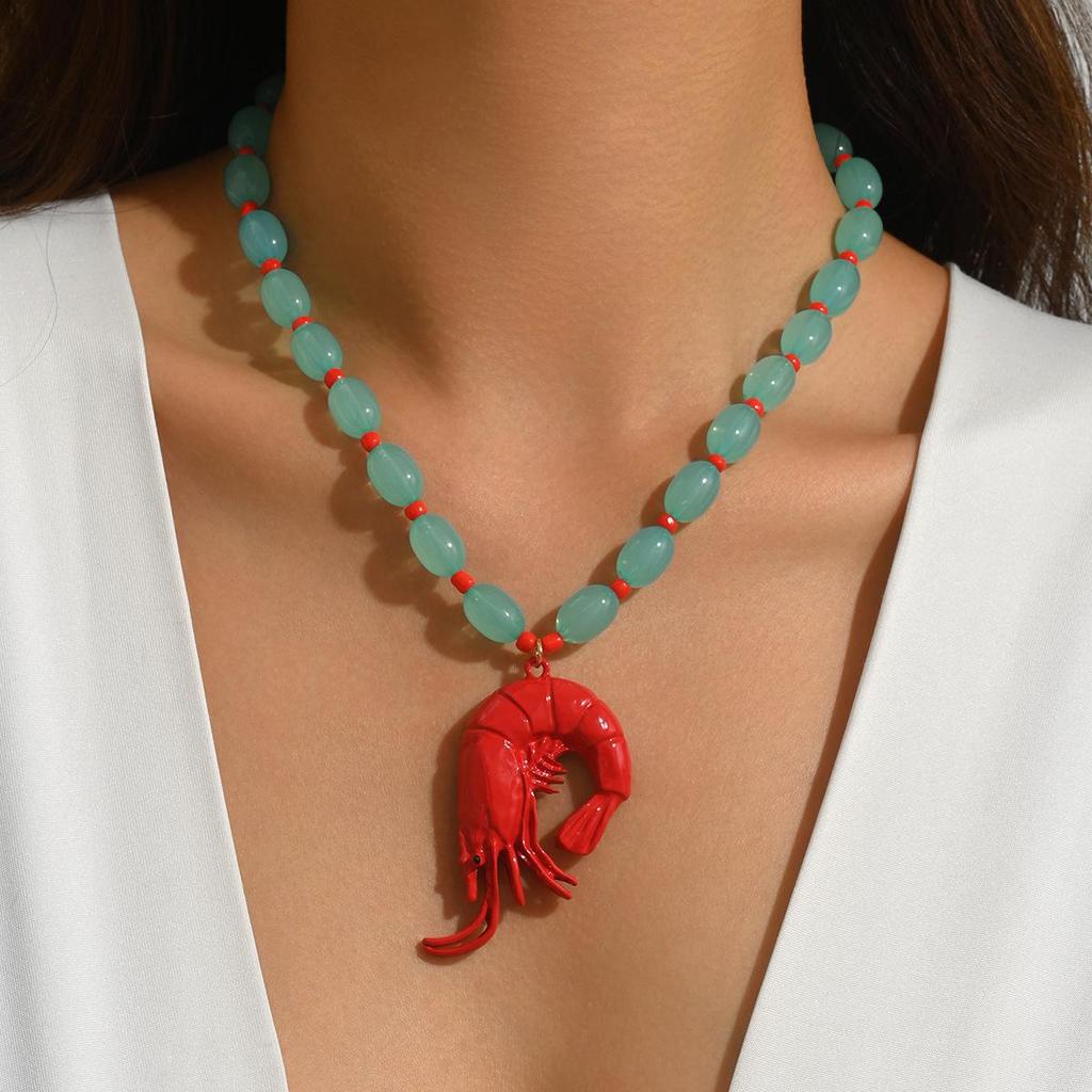 Bohemian Mint Green Beaded Red Lobster Pendant Necklace for Women
