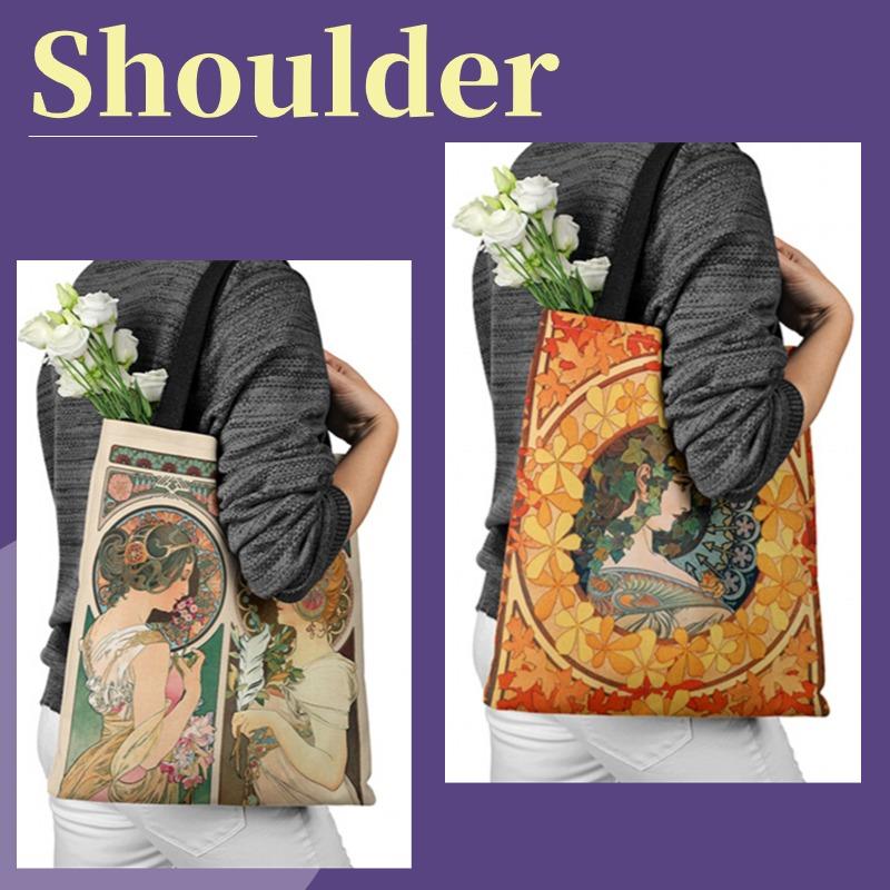 Mucha-serien bildaffisch Canvas tygväska Retro handväska Axelväska Digitaltryck Damväska med topphandtag