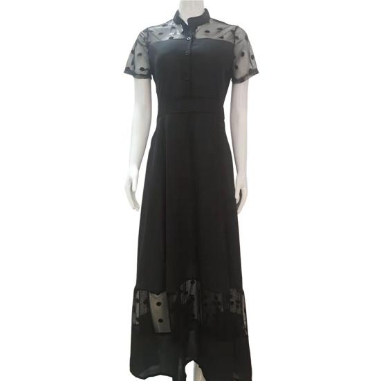 Women Summer Dress Mesh Dot Pattern V Neck Chiffon Slim Large Hem