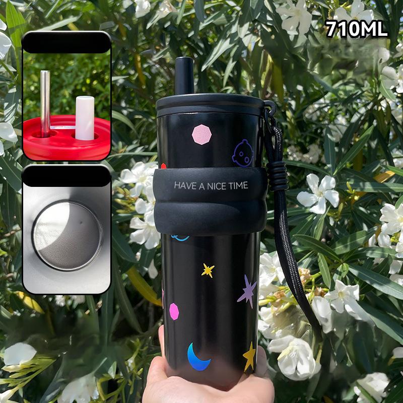 High-value Thermos Cup with Carrying Rope Portable Ice Cup Large-capacity Car Straw Water Cup