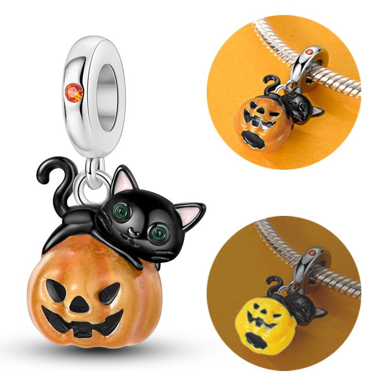 Halloween Copper Charms Beads Pumpkin Skeleton Witch Skull Bat Pendants Fit Bracelet Diy Women Jewelry Gift