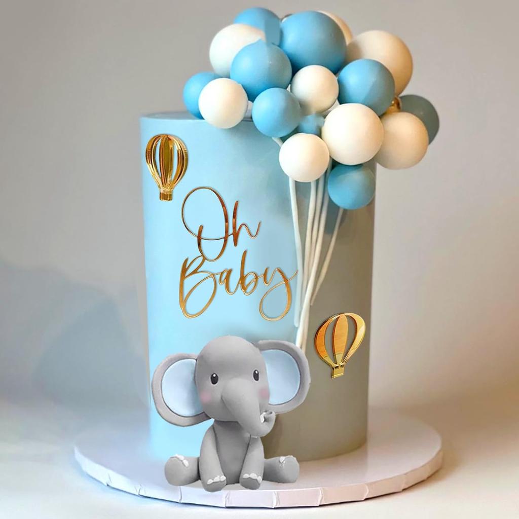 Elephant Cake Decoration Baby Cake Topper Blue White Pearl Balls Hot Air Balloon for Baby Shower Elephant Theme Birthday Party