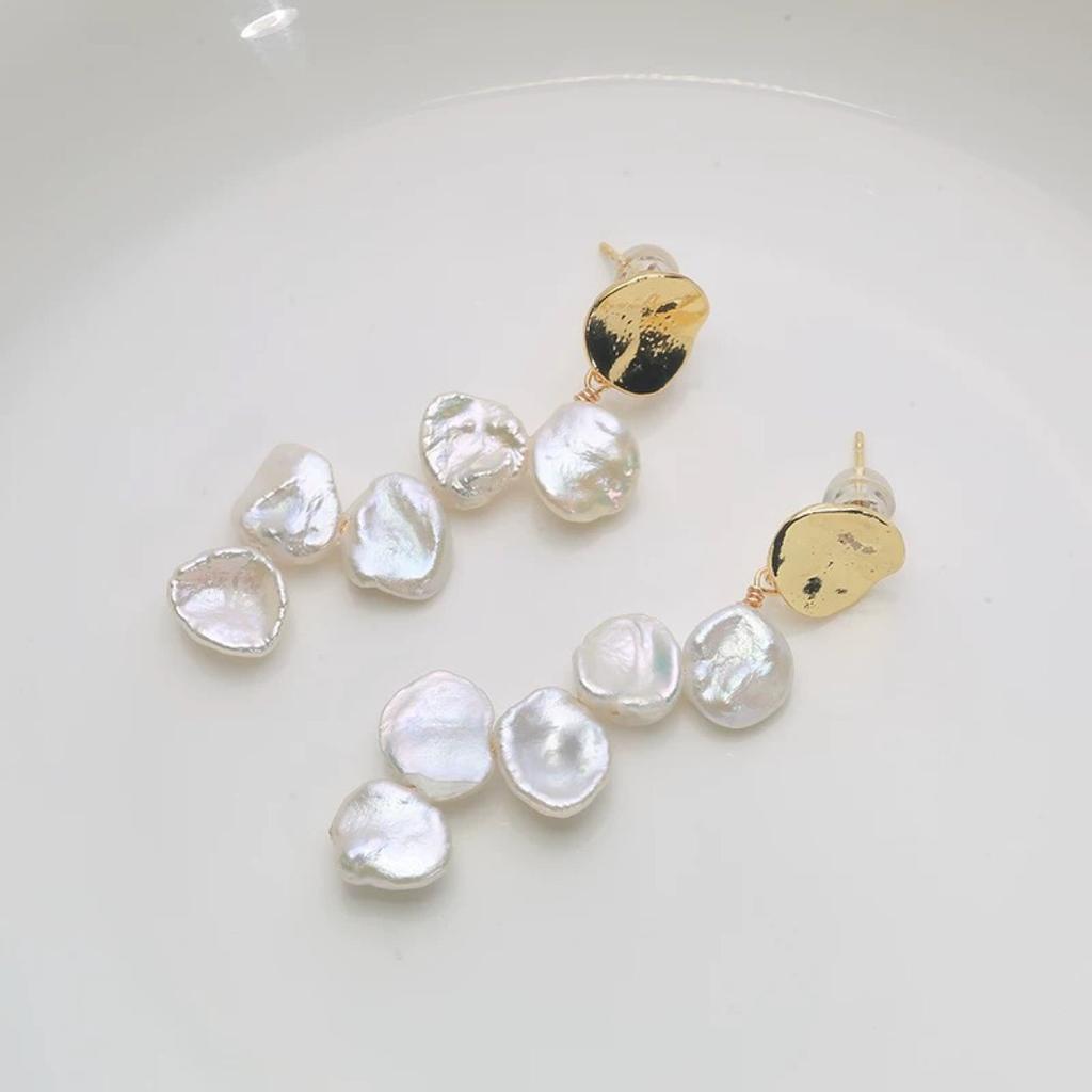 Keshi petals natural freshwater irregular shaped baroque broken silver pearl earrings French stud earrings