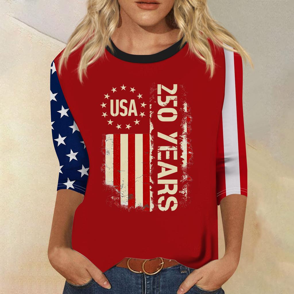 Women's Fashion Casual Seven-Sleeve Independence Day Print Round Neck Top