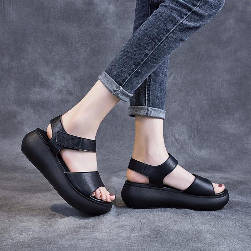 Real soft leather platform sandals women's 2025 summer new versatile Velcro wedge heel retro muffin Roman shoes