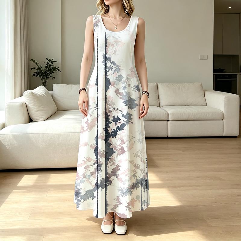 Women's U-Neck Sleeveless Maxi Dress Soft Flowy Big Hem,Trendy Print,Tummy Slimming,Elegant for Daily Casual & Vacation