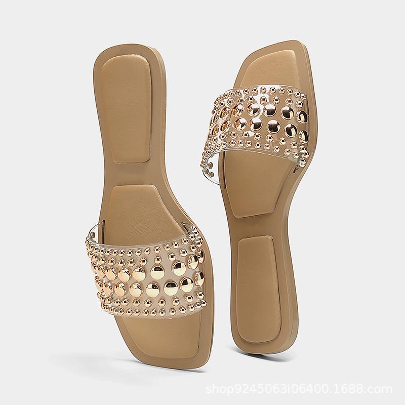 fashion 2024 Summer Women's Shoes PVC Transparent Riveted Casual Flat Open Toe Beach Slides Trend Brand Design Big Size Ladies Slippers
