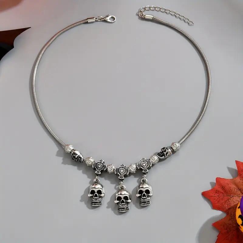 Dark Halloween Style Chain Necklace With Skeleton Head And Bat For Party Decor