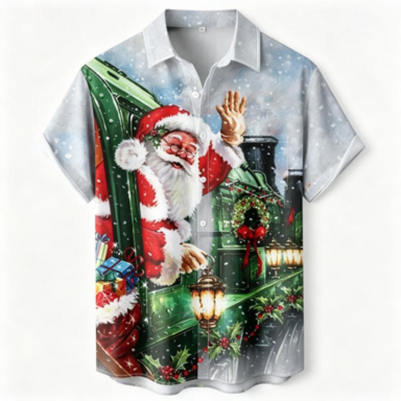 Men's Short Sleeved Shirt Christmas Train Santa Claus Printed Short Sleeved Shirt Business Casual Men's Holiday Painted Printed