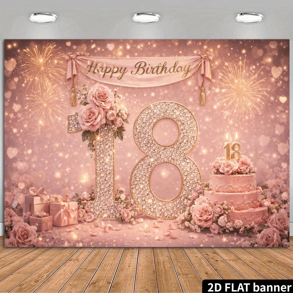 2D Flat Colored Fireworks 18th Birthday Backdrop Cloth with Diamond-encrusted Numbers 18 and Fireworks Cake Elements Yzb