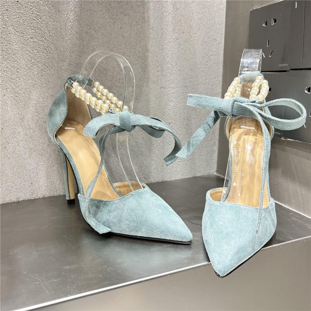 Sexy Thin High Heels Party Women 'S Pearls Beading Embellished Pumps Pointed Toe Modern Lady Ankle Strap Shoes