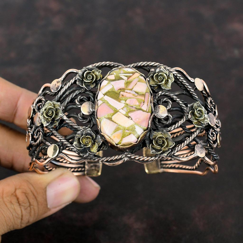 Copper Pink Opal Bangle Copper Wire Wrapped Cuff Bracelet Adjustable Bangle Copper Jewelry Gemstone Bangle For Gift Handmade Amazing Jewelry