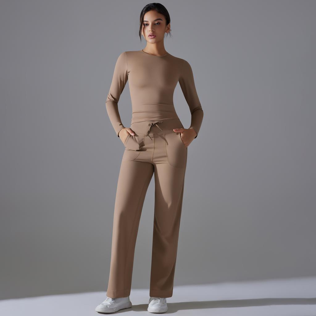 Auroth Long Sleeve Yoga Set With Pockets Women Workout Colthes Gym Top Wide Leg Fitness Pants Sportswear