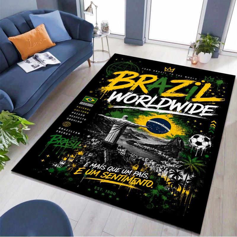Brazil Worldwide Rectangular Rug, Brazil Flag Soccer Culture Print Non Slip Floor Mat for Fan Living Room Bedroom Decor