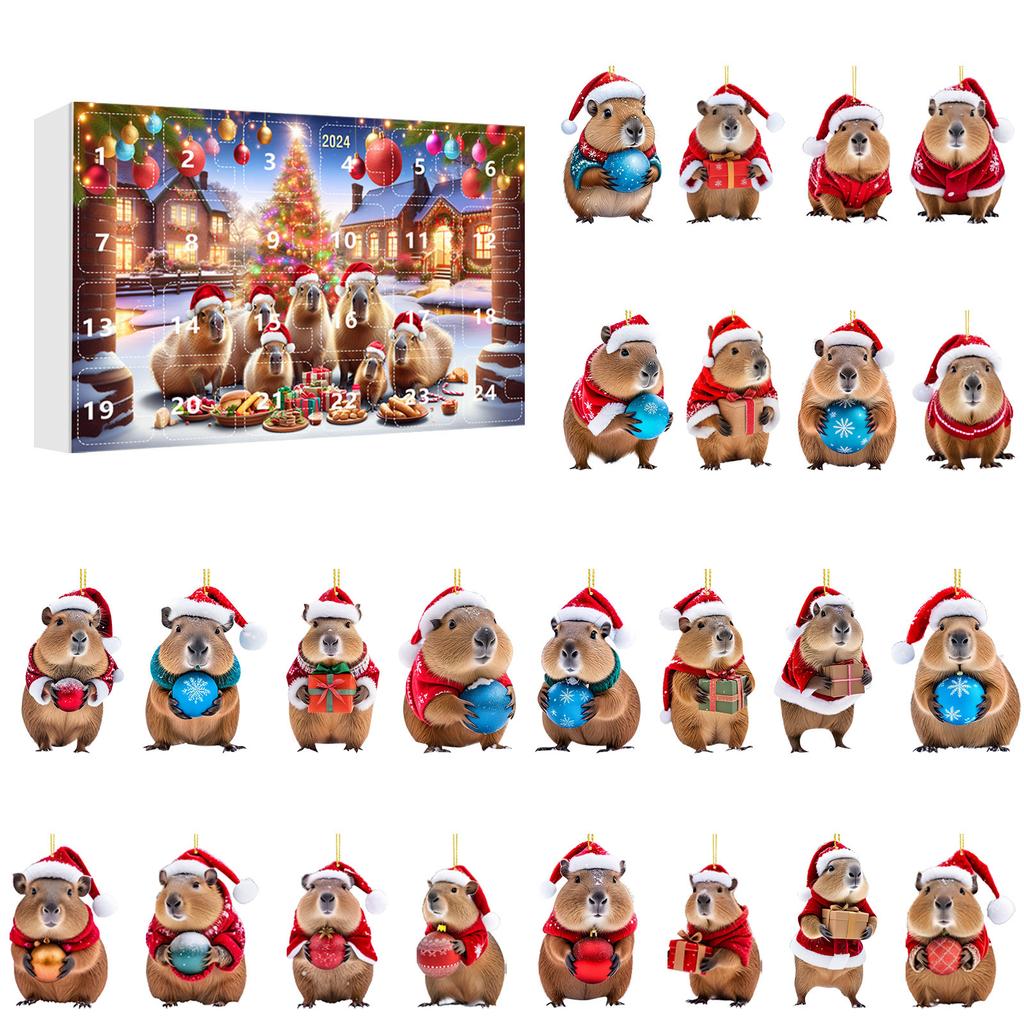Capybara Advent Calendar 2024 24 Days Christmas Countdown Calendar 2D Acrylic Capybara Pendant for Christmas Tree Car Home Decor
